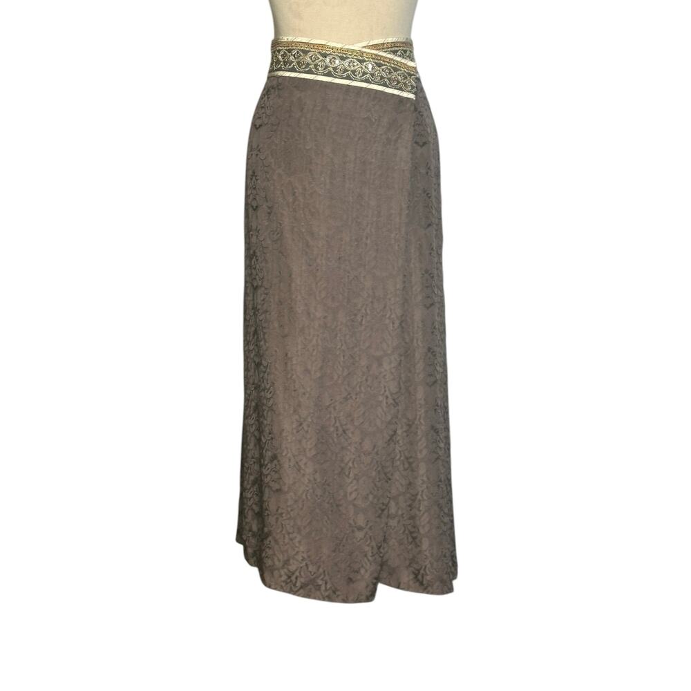 Armand Ventilo brown silk waist embroidered midi skirt size EU 42 US 12